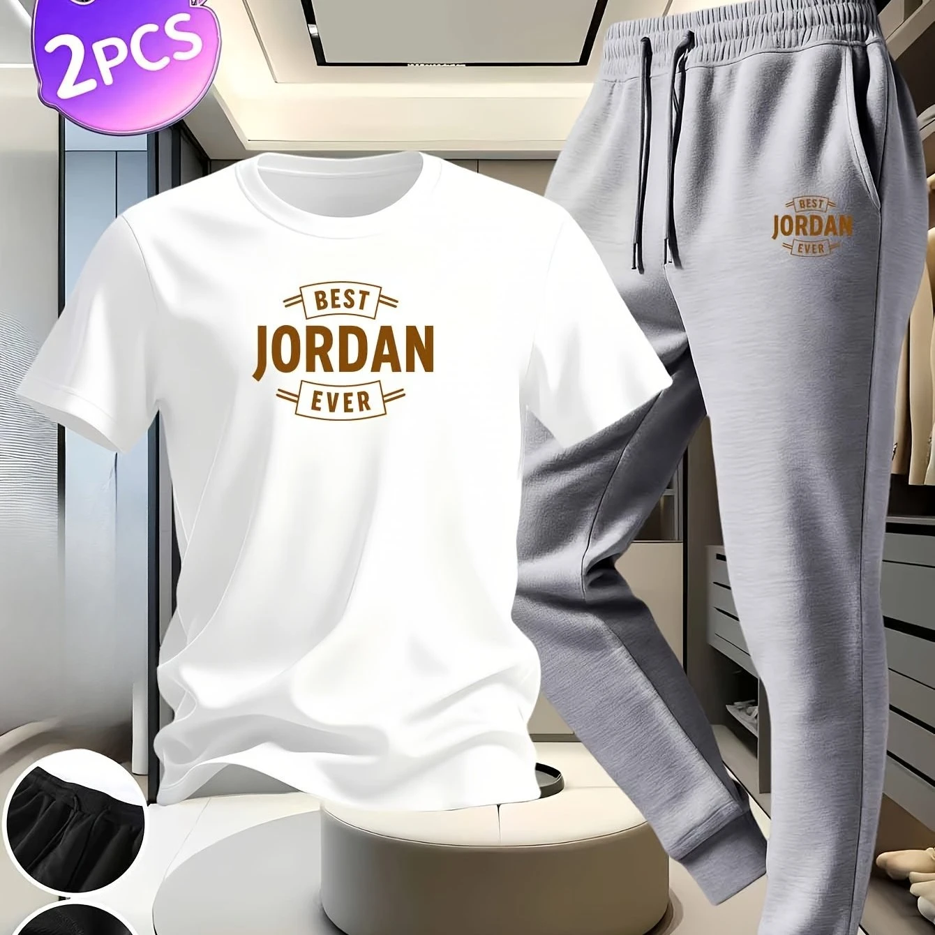 

2026 New Style Men's Breathable Pure Cotton Short Sleeve T-Shirt and Long Pants Set - Unique Print with Slimming Effect