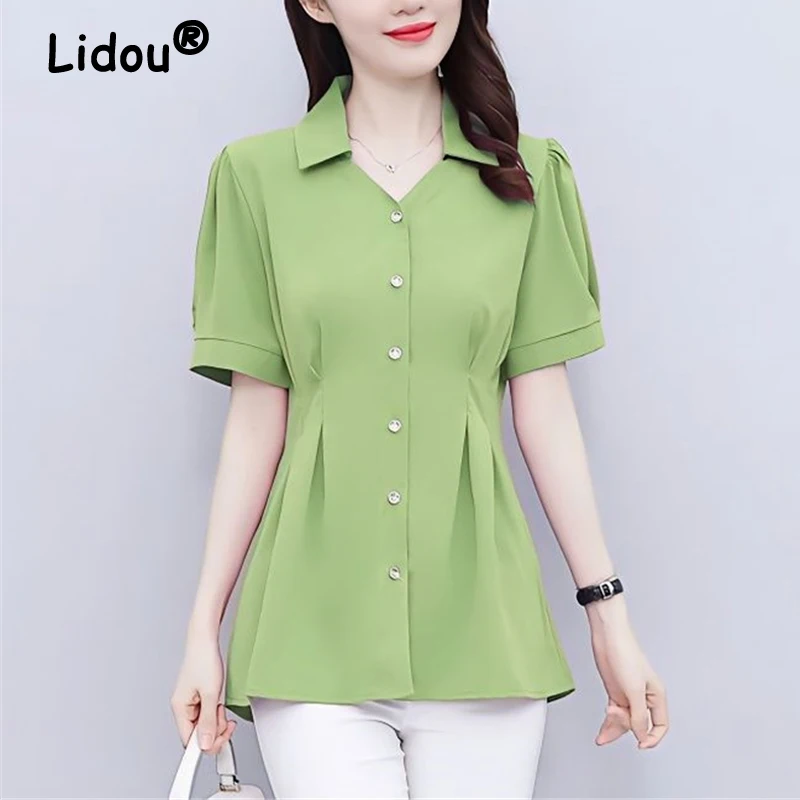 Women Ruffled Elegant Tunic Tops Summer Fashion Office Lady Business Casual Button Shirts Solid Slim Short Sleeve Blouses Ropa