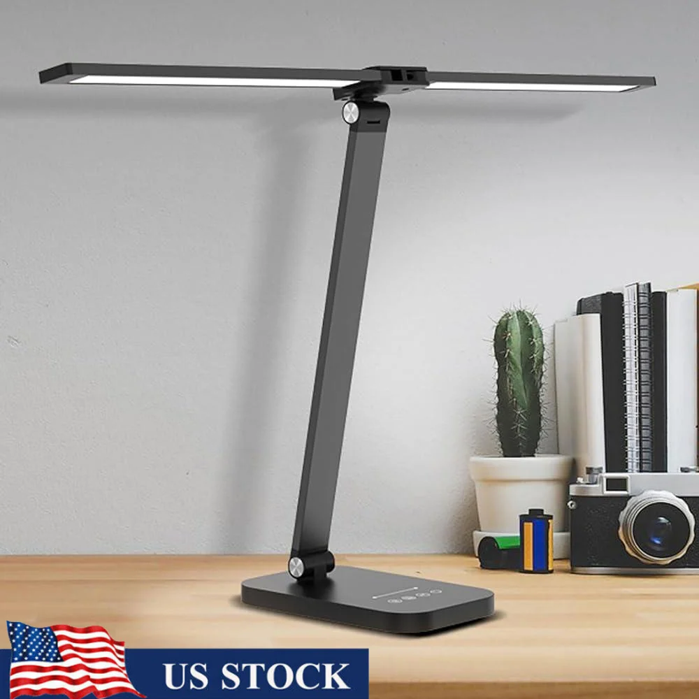 Dual Head Desk Lamp with USB Charging Adjustable Swing Arm LED Touch Control Brightness Home Office Lamp Reading Writing