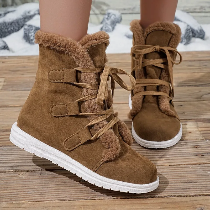 

2025Зимние новые замшевые ботинки с круглой головкой и шнуровкой, теплые, холодные и нескользящие ботинки, сапоги кюле