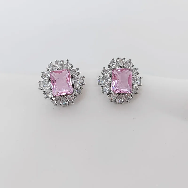 Luxury Shiny Pink Zircon Cubic Stud Earrings For Women Fashion Sparkling Big Crystal Square Earrings Elegant Lady Party Jewelry