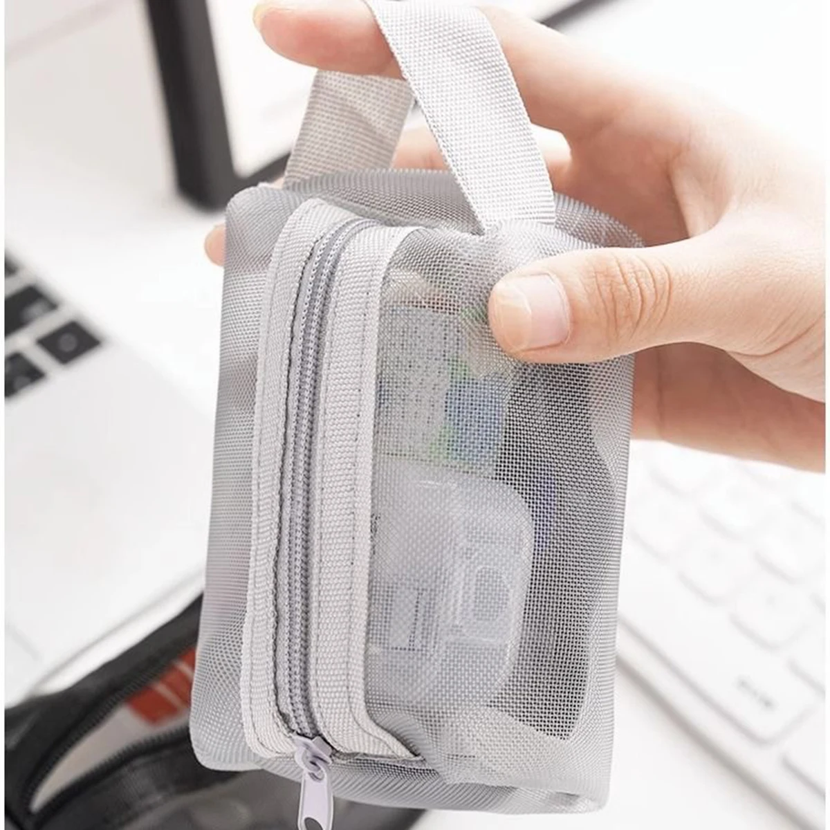 Portamonete multiuso in rete quadrata traspirante, portachiavi, mini portamonete con cerniera