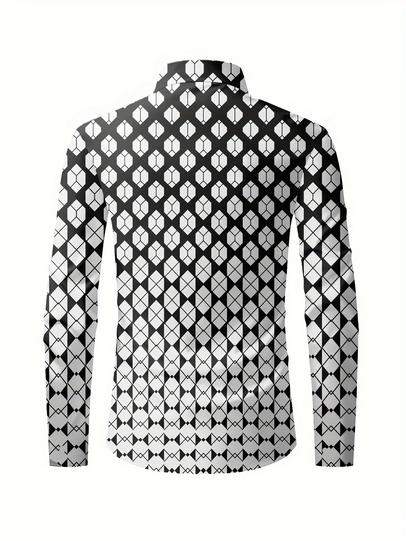 Men Long Sleeve Stand Collar Shirt Black White Diamond Geometric Print Polyester Casual Party