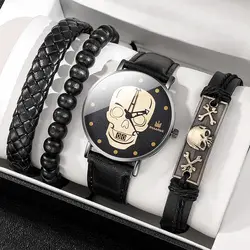 4PCS Set Luxury Men Watches Skull Dial Design Creative Man Watch Leather Strap Bussiness Casual Quartz Wristwatch Relogio