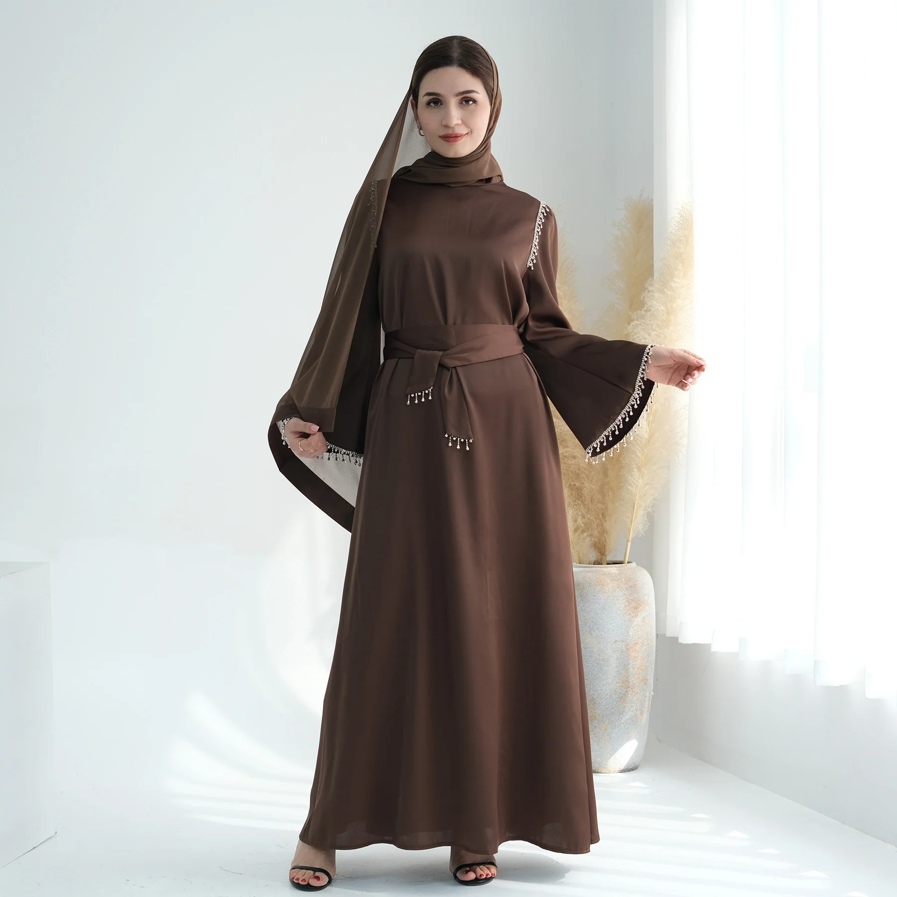 

Dubai Abaya Satin Long Muslim Dress Women Islamic Clothing Modest Evening Party Robe Turkish Elegant Ramadan Eid (No Scarf)