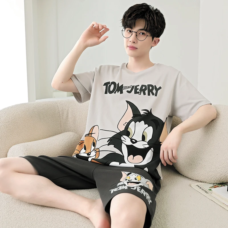 2024 Summer Men\'s Pajamas Sets Knitted Cotton Cartoon Shorts Loose Pijamas For Sleeping Fashion Mens Sleepwear Students Homewear