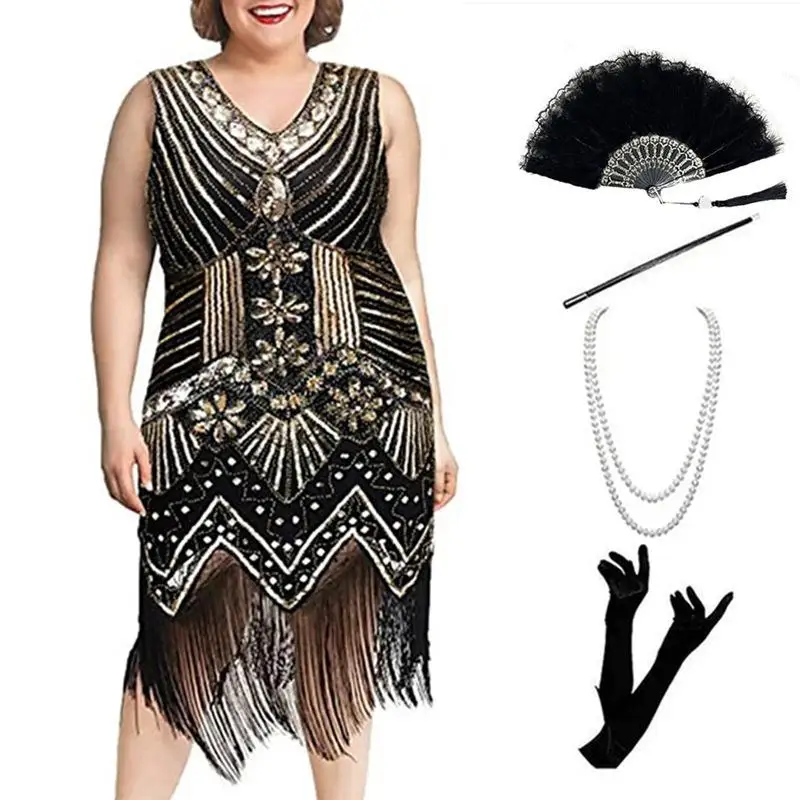 Large Size Women's Ensemble 920s Retro Sequin Par Dinner V-ne Tassel Dr Beadwork Winter Collection Gown
