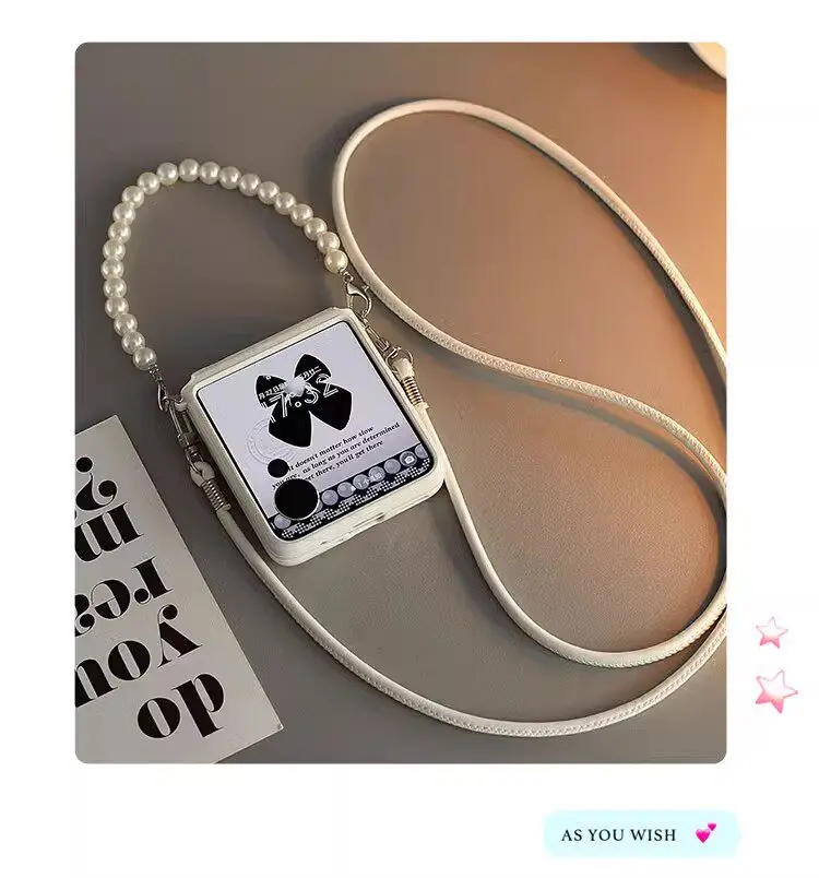 Crossbody Long Strap Pearl Bracelet Hand Chain Hinge Leather Phone Case Cover For Samsung Galaxy Z Flip 7 FE 6 5 4 3 5G