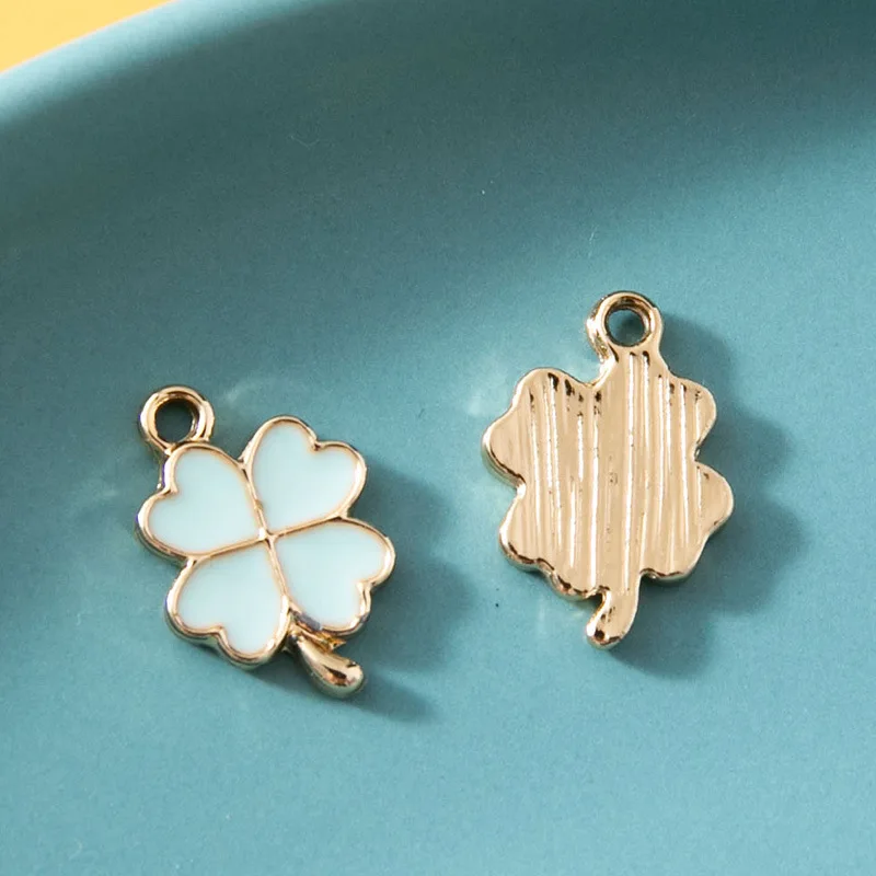 20pcs/Lot Gold Color Plated Enamel Charms Lucky Four Leaf Clover 8*14mm DIY Making Findings Handmade Jewelry Pendants