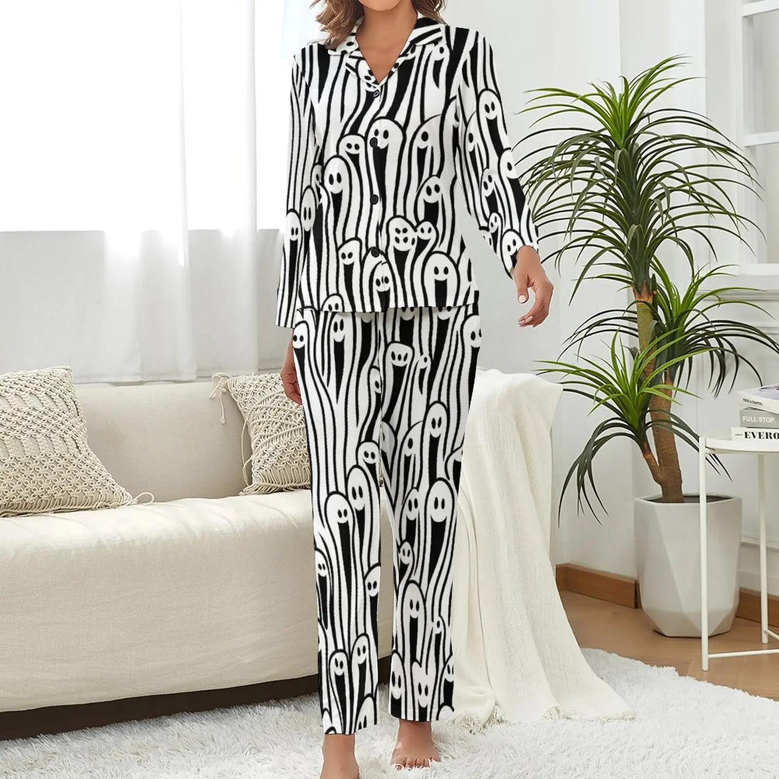 Happy Haunts Print Pajamas Woman Funny Ghosts Soft Sleepwear Spring Long-Sleeve 2 Pieces Home V Neck Design Pajama Sets