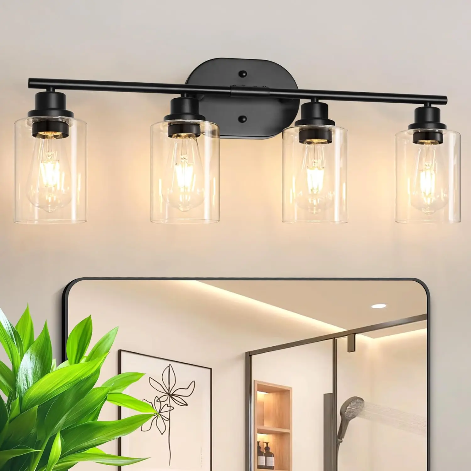 

4 Light Vanity Lights, Black Wall Lamp with Clear Glass for Mirror, Bathroom, Living Room, Hallway, Cabinet, E26 Base