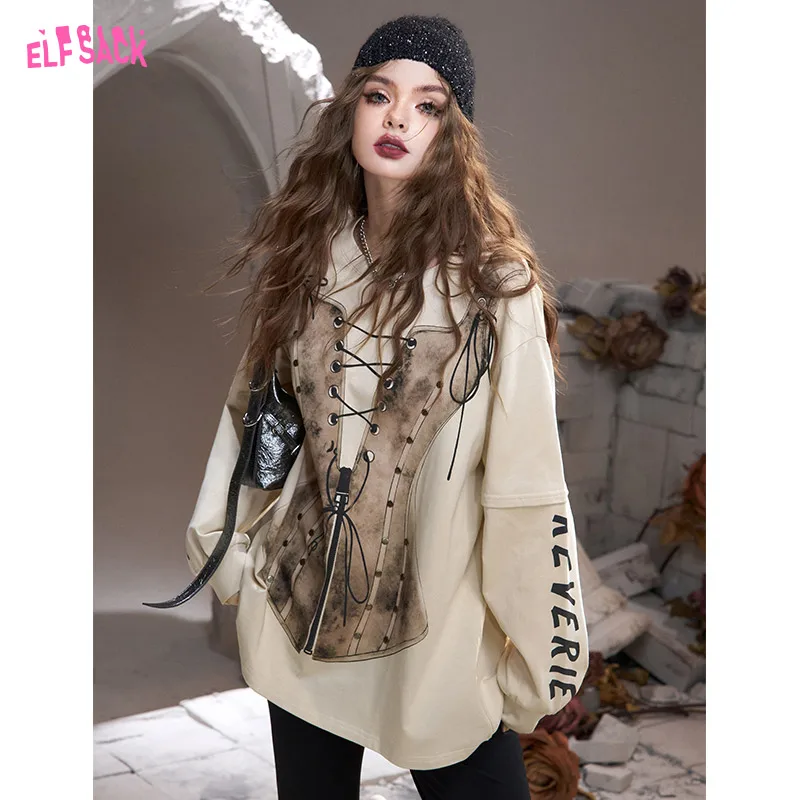 2024 Autumn ELFSACK New Arrivals American style letter print loose thin design round neck sweatshirt for women