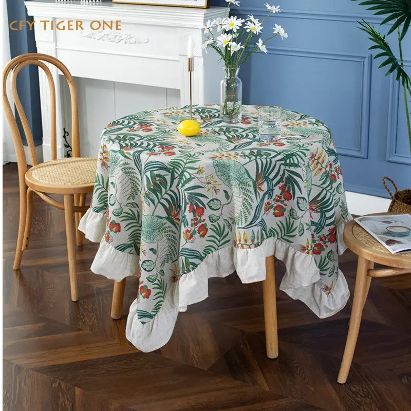 

European Vintage Contrast Ruffle Round Tablecloth Solid Colour Coffee Table Cover Round Tassel Table Cloth for Party Dining Room