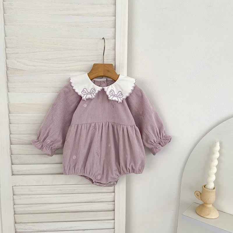 2026 Baby-Mädchen Cord-Strampler 0-24M Süßer Schleifenkragen mit Stickerei Langarm-Body für Kleinkinder Mädchen Frühling Winter Jumpsuit – Detail 6