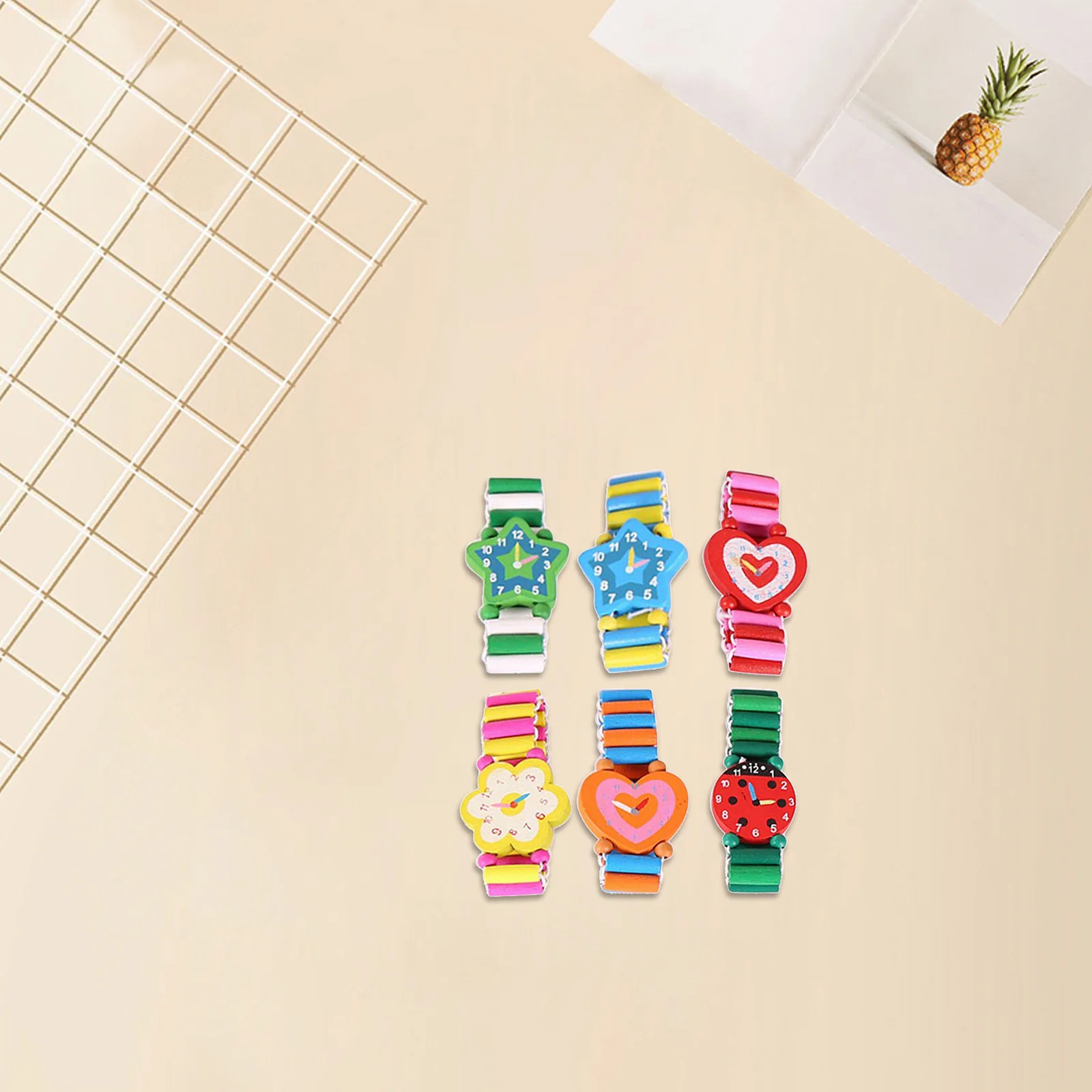 6pcs Wooden For Kids Watch Kids Cartoon Wood Wristwatches Simulation Clock Bracelet Children'S Gift Wood Crafts