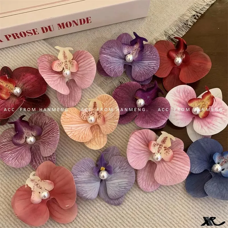 

6pcs Hawaiian Orchid Hair Clips Butterfly Phalaenopsis Hairpins With Pearls Multicolor Tropical Artificial Flower Hair