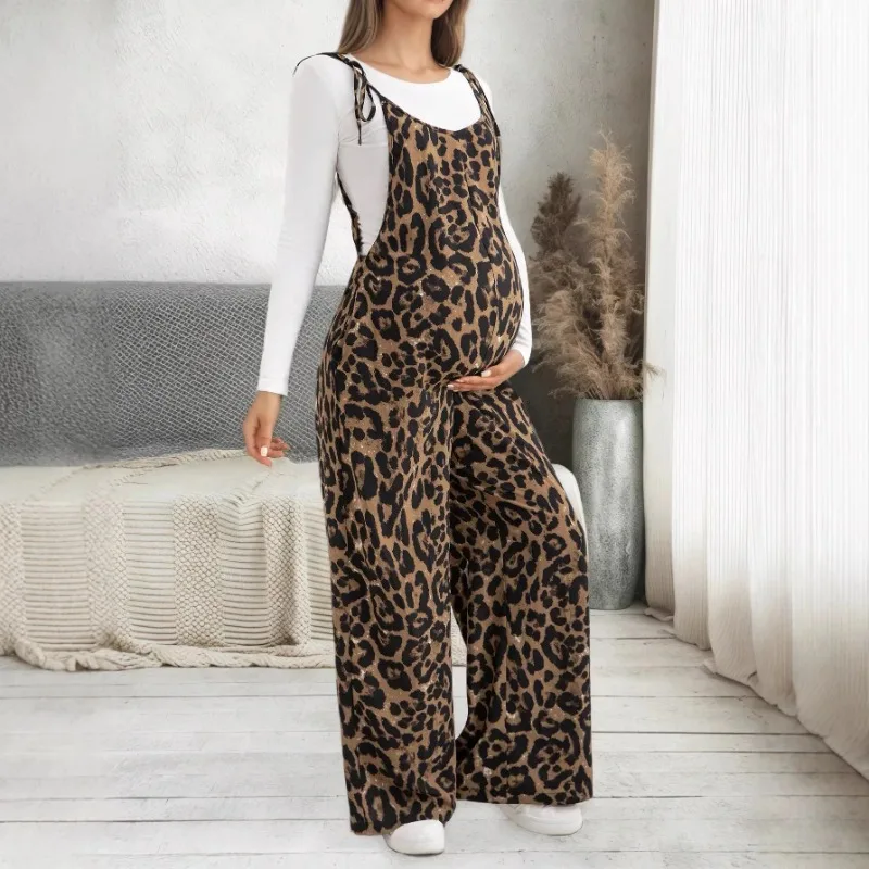 

Maternity Pregnant Women Overalls Leopard Print Adjustable Strap Wide-leg Jumpsuit Spring Summer Casual Pregnancy Clothing