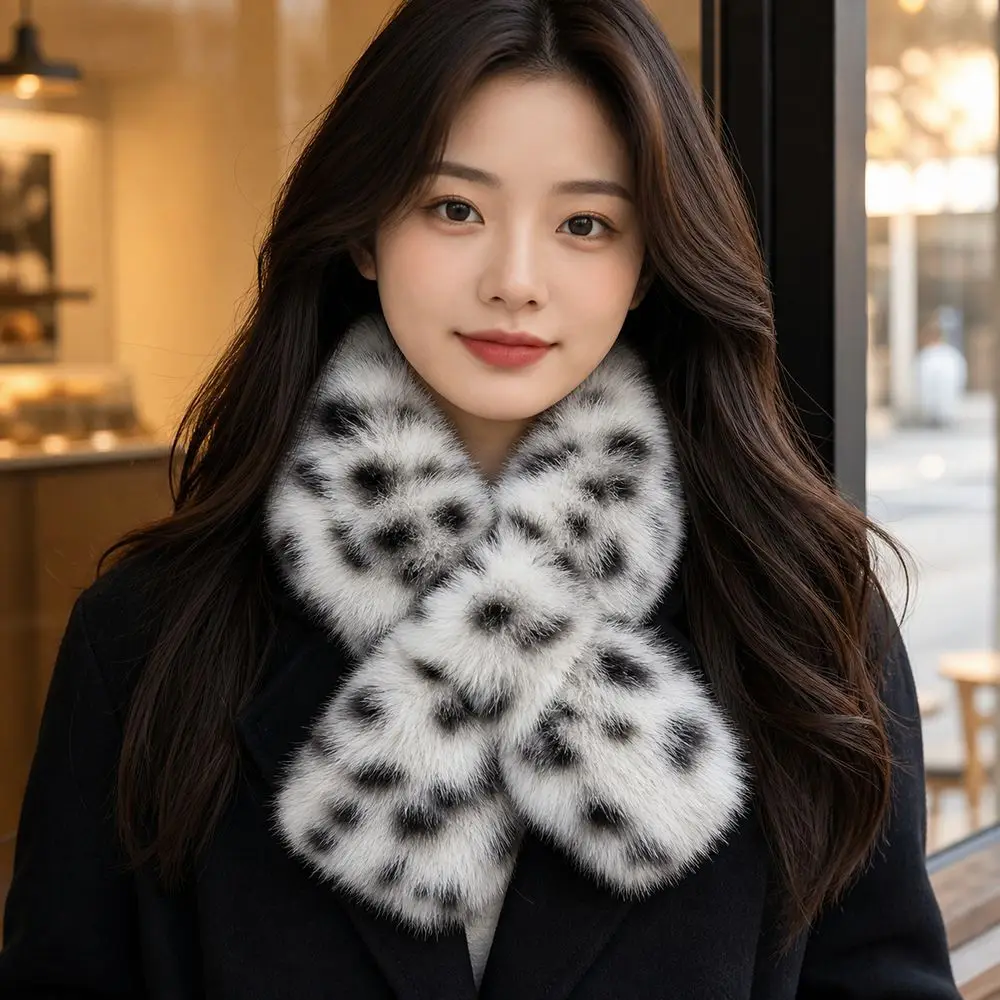 Gifts Leopard Print Neck Scarf Crossover Soft and Fluffy Pull Through Scarf Faux Fur Thickened Winter Neck Warmer Women