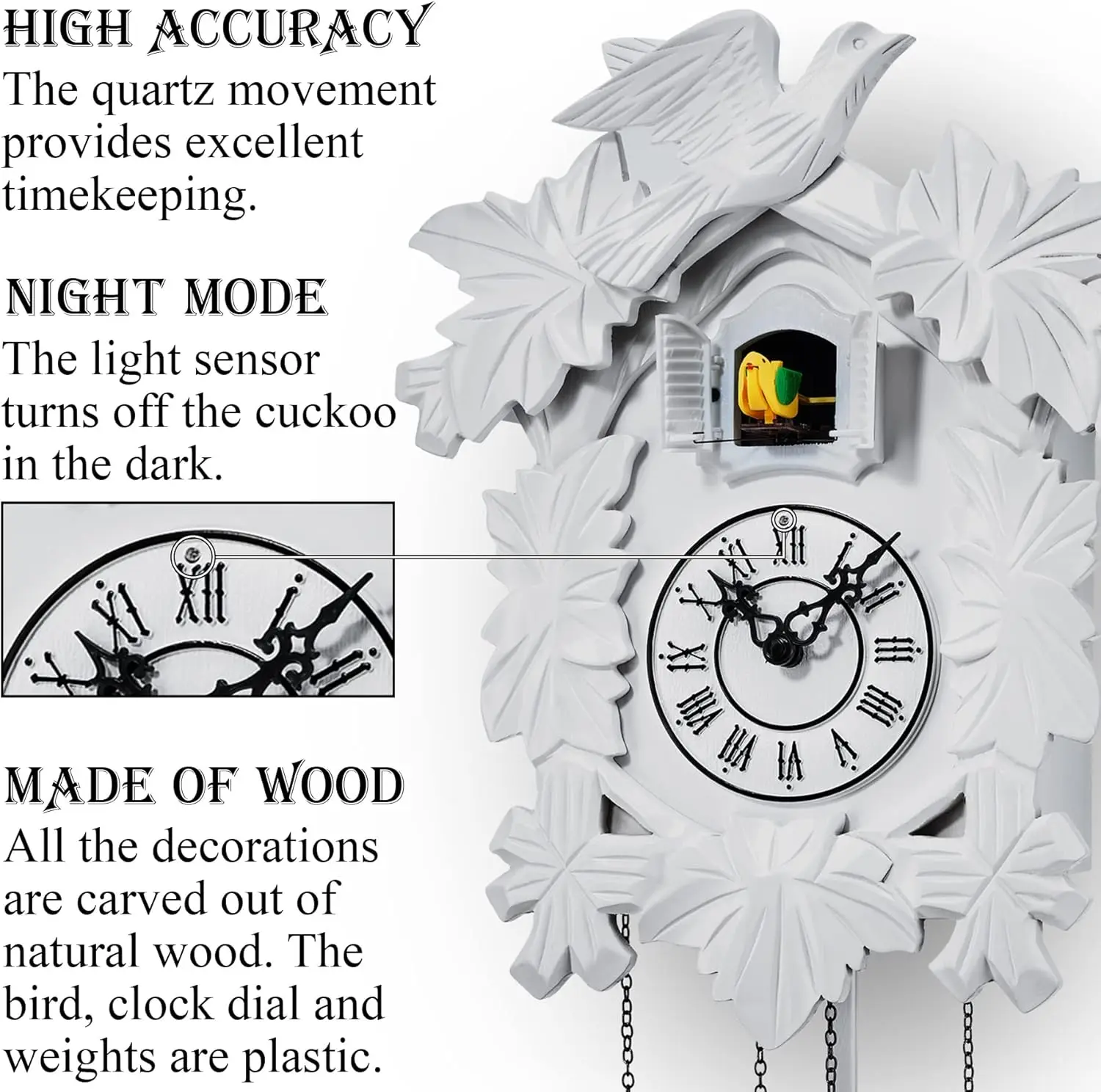 Cuckoo Clock with Night Mode, Hand Carved Decorations and Swinging Pendulum (White)