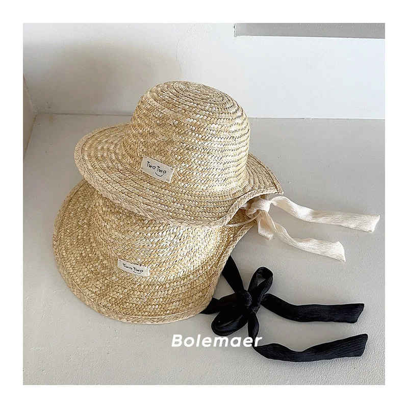 Sombrero de paja de ala grande para niños, gorra de pescador con lazo coreano, gorra de Banama para niñas, protección solar para la playa, 2024