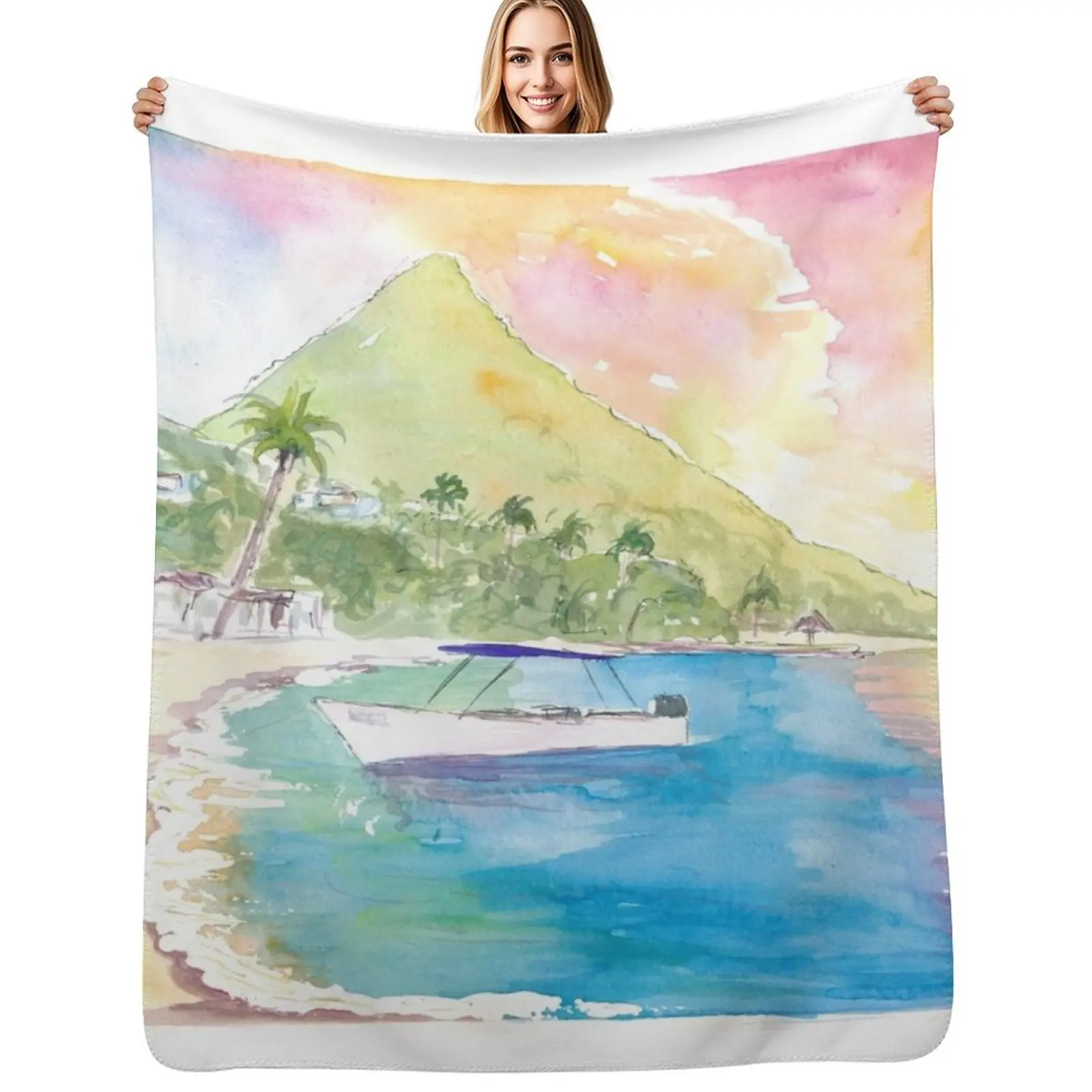 

St Lucia Sunset and Amazing Piton Beach Scene Throw Blanket Cozy Warm Blanket for Bed Room Decor