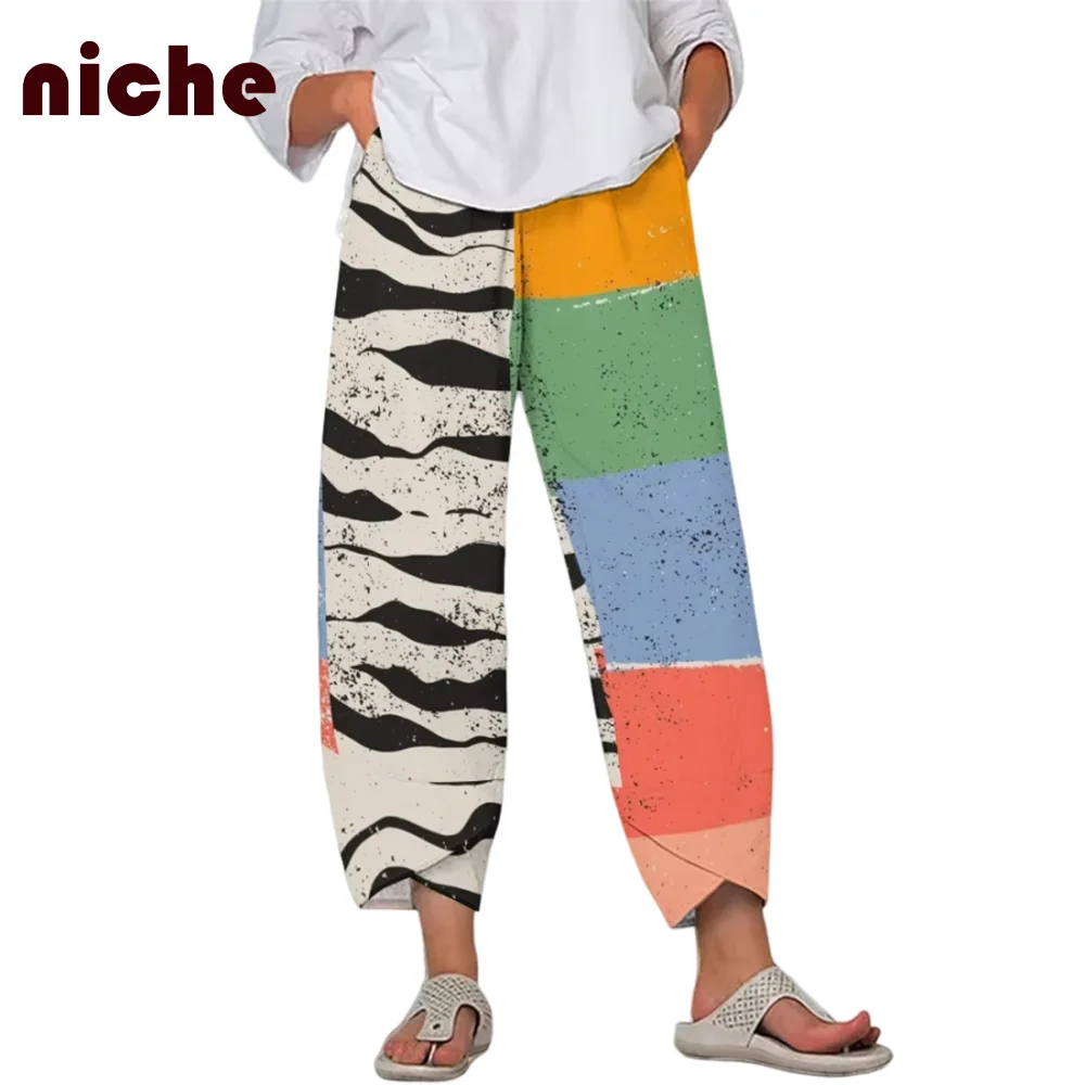 Casual Ladies Beach Nine-Point Pants Color Splicing Graphic Printing High Quality Bamboo Hemp Fabric Soft New Wide-Leg Pants