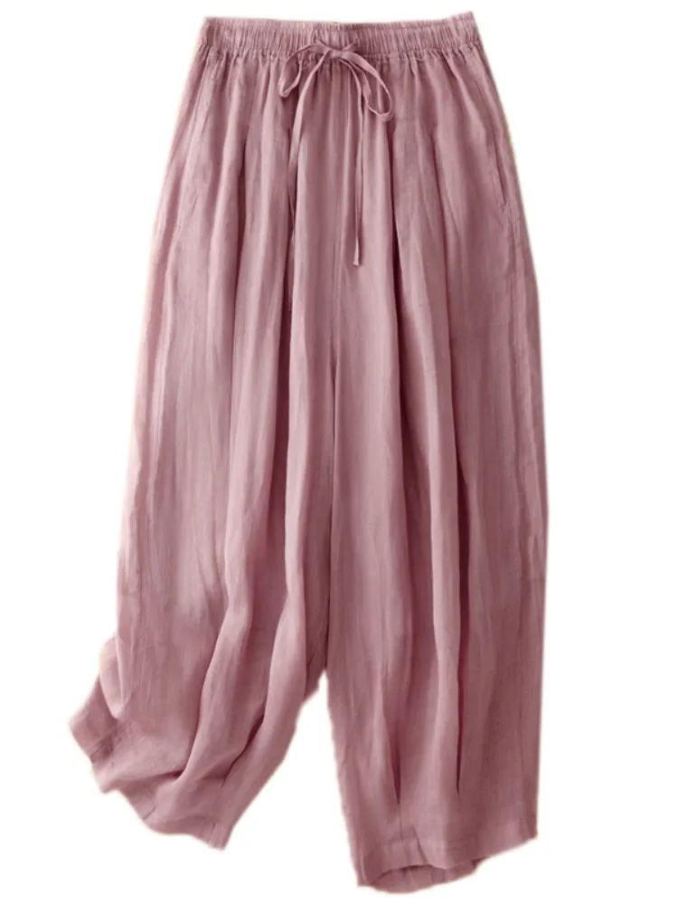 Künstlerische doppellagige Hanf-Laternenhose für Damen, Sommer, elastische Taille, lockeres, weites Bein, neun Punkte, Baumwollleinen, Freizeithose