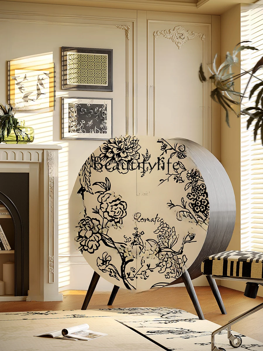 Cream style circular foyer cabinet, retro living room storage and decoration cabinet