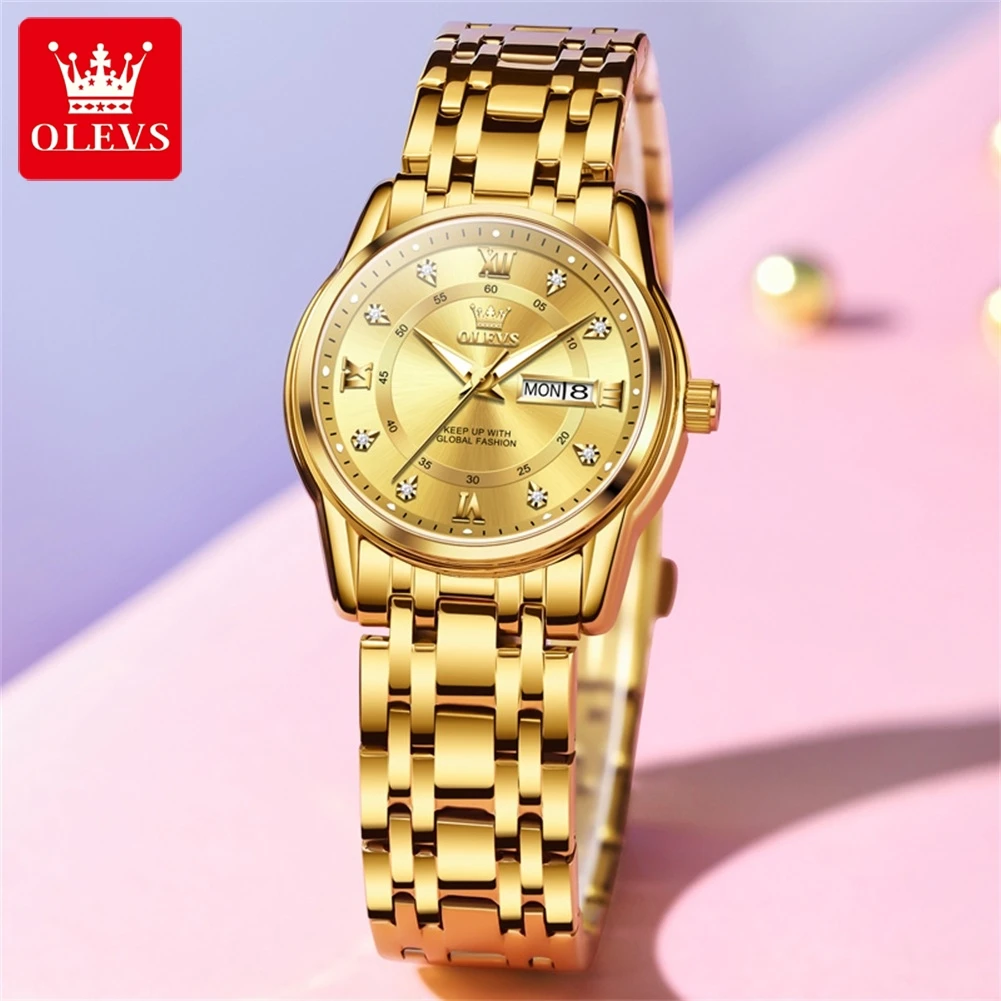 OLEVS Fashion Business Women Watch Luxury Quartz Diamond Dial Stainless Steel Date Waterproof Elegant Ladies Watch Reloj Mujer