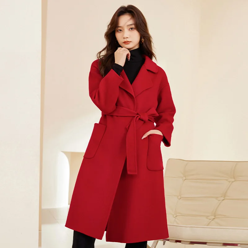 WinvyNee 2024 New Long Women Wool Coats with Belt Double-sided Camel Wool Overcoat Long Length High-end Lapel Coats H1343007