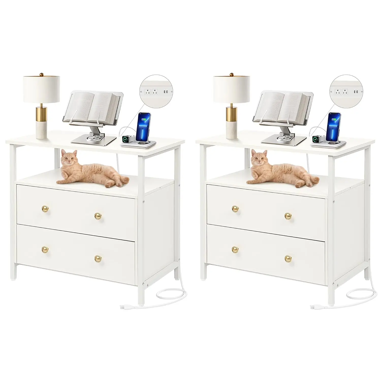 

Комплект из 2-х прикроватных тумбочек шириной 27 дюймов с зарядной станцией, прикроватный столик с открытой полкой, маленький деревянный комод с 2 ящиками, на заказ