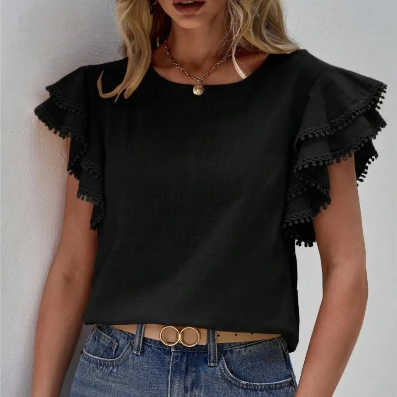 2024 Women's Casual Round Neck Summer Loose Shirt Lotus Leaf Short Sleeve Top Ladies Solid Color Pullover Blouse Black Tops