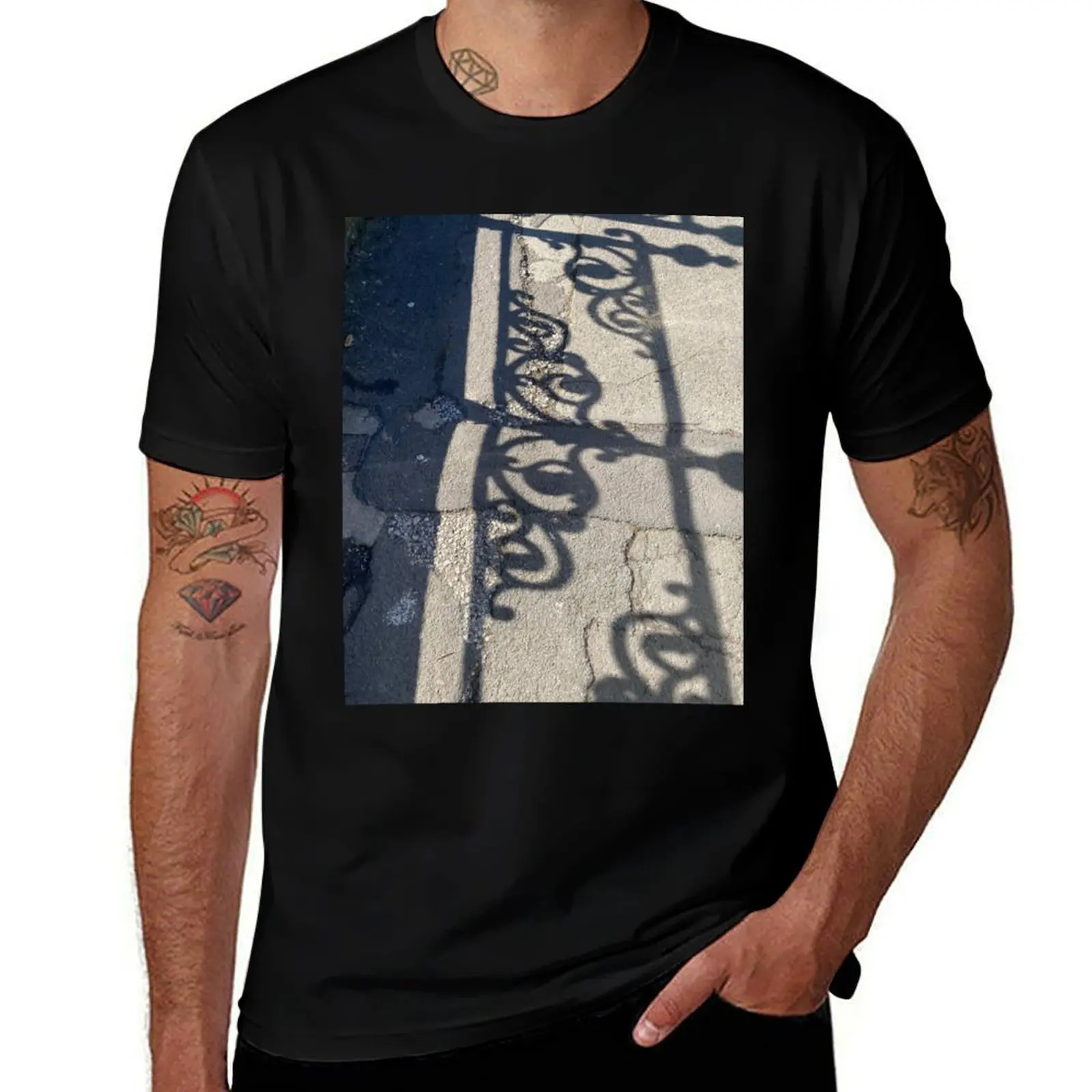 

Ornate iron fence shadow T-Shirt animal prinfor boys anime tshirt oversizeds graphic shirts mens clothing