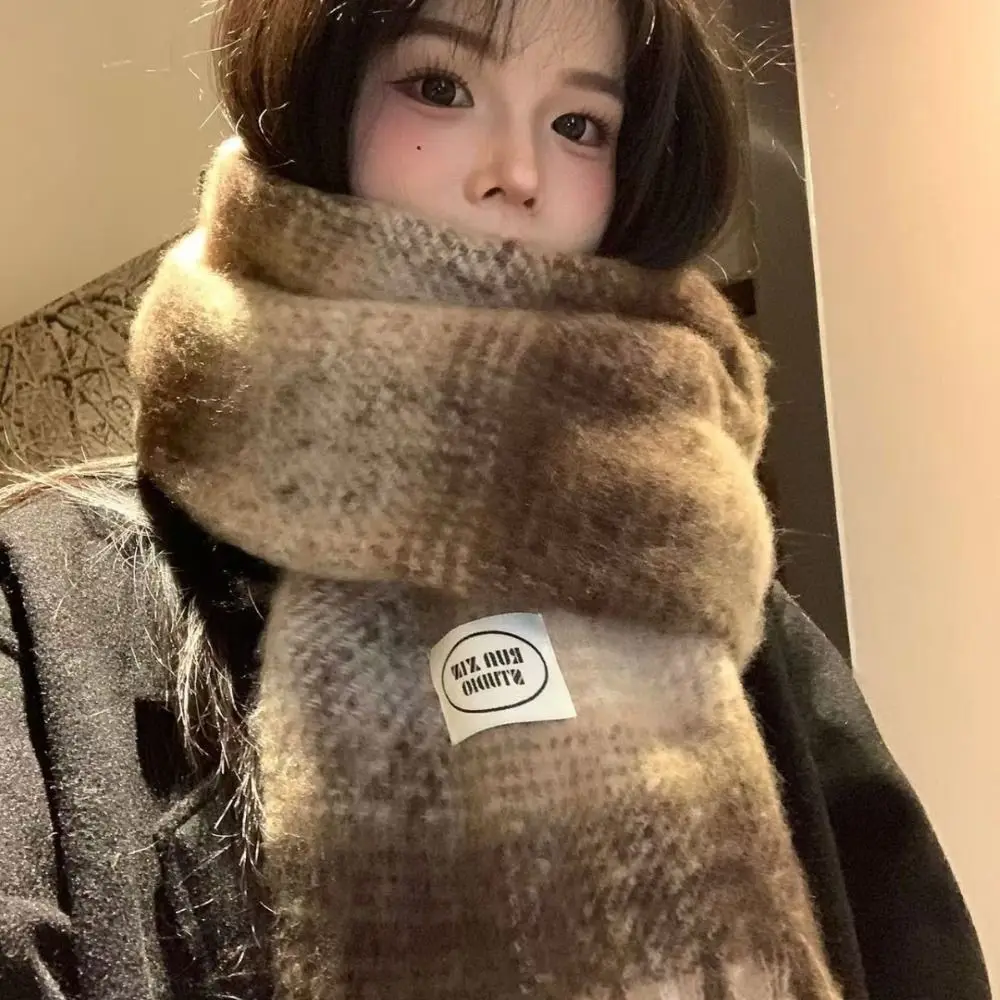 Warm Women Plaid Tassel Scarf Cold Proof Windproof Circle Yarn Shawl Soft 210x40CM(82.68x15.75in) Winter Neck Scarf Wrap Girls