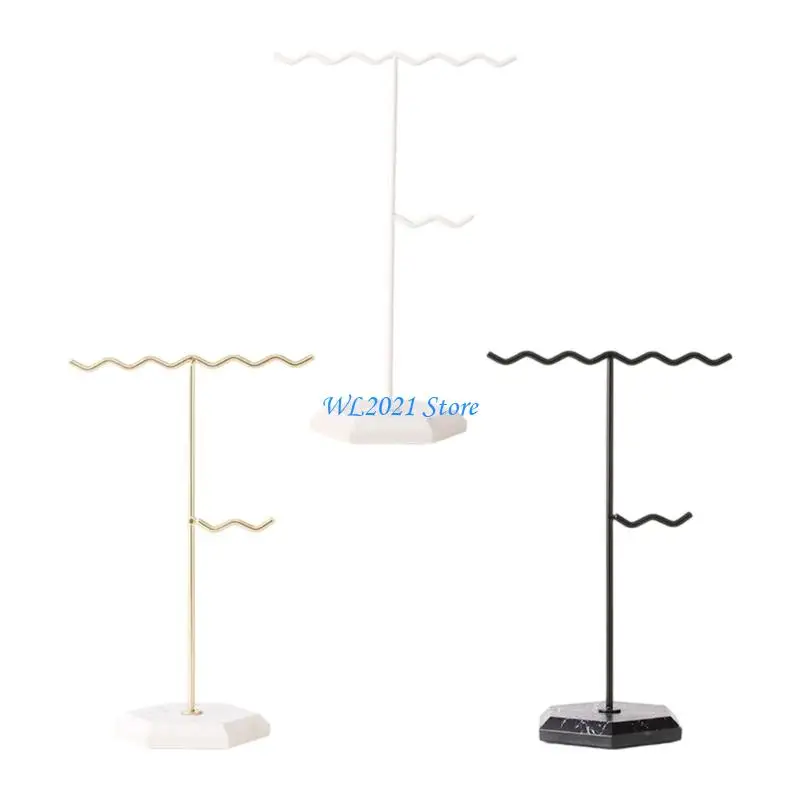 

G5GC Contemporary Jewelry Display Stand Detachable Earring Organiser Waved Texture Necklace Hanger Metal Frame Marble Accent