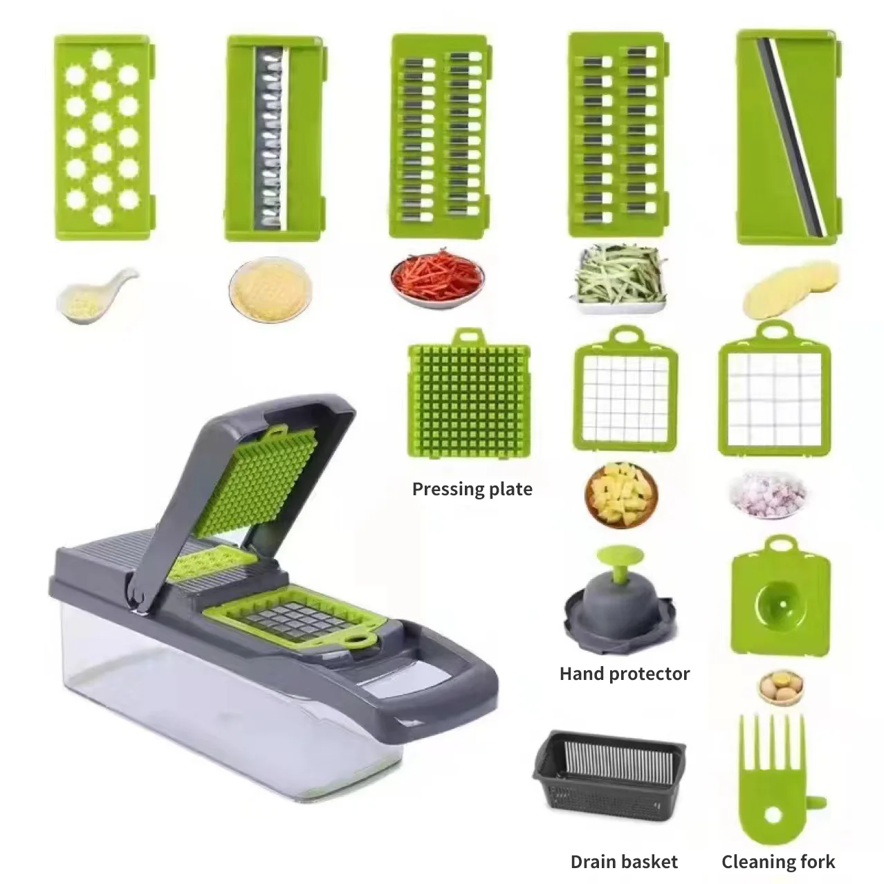 Multi-functional Vegetable Slicer 12-in-1 Green Shredder Manual Shredder Drain Basket Kitchen Tool Silk Scrubber