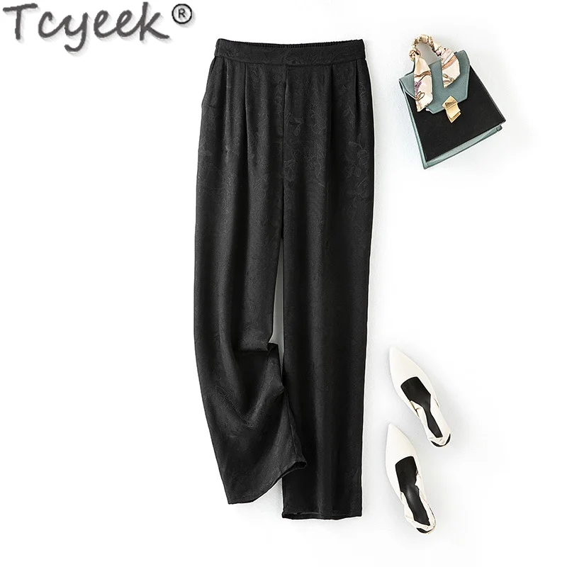 

Tcyeek 100% Mulberry Silk Straight Pants for Women Clothes Summer Long Pants High-waisted Pants Casual Woman Trousers Pantalones