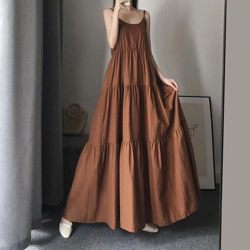 MEXZT Elegant Long Dress Women Spaghetti Strap A Line Dresses Holiday Beach Sleeveless Vestidos Korean Oversized Casual Sundress