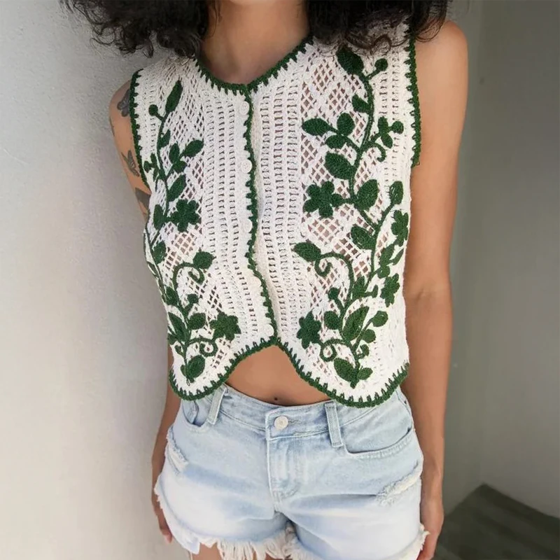 

Crochet Vest for Women Embroidery Floral Sleeveless Button Front Open-knit Waistcoat Summer Beach Boho Outfit