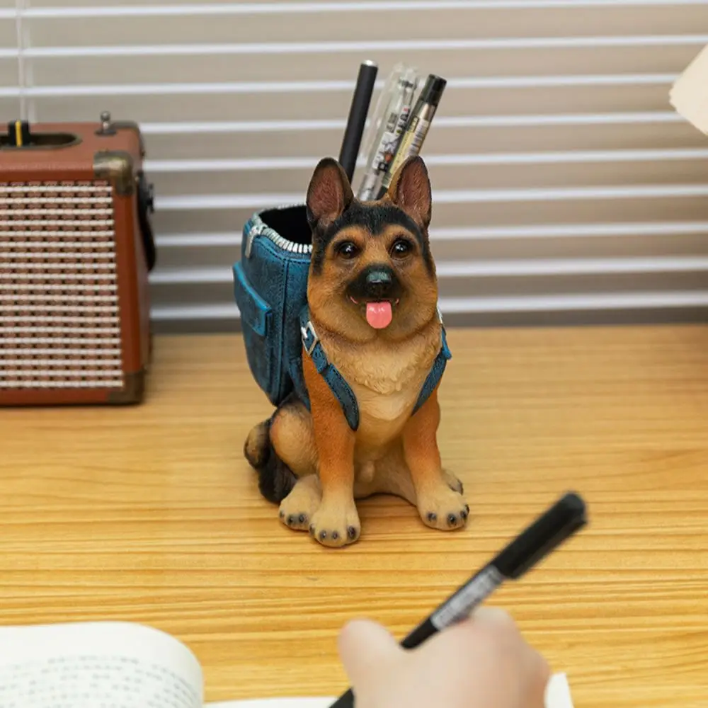 Multifunctional With Backpack Dog Pen Holder Hand-painted Cartoon Resin Dog Statue Cute Desktop Storage Container Office