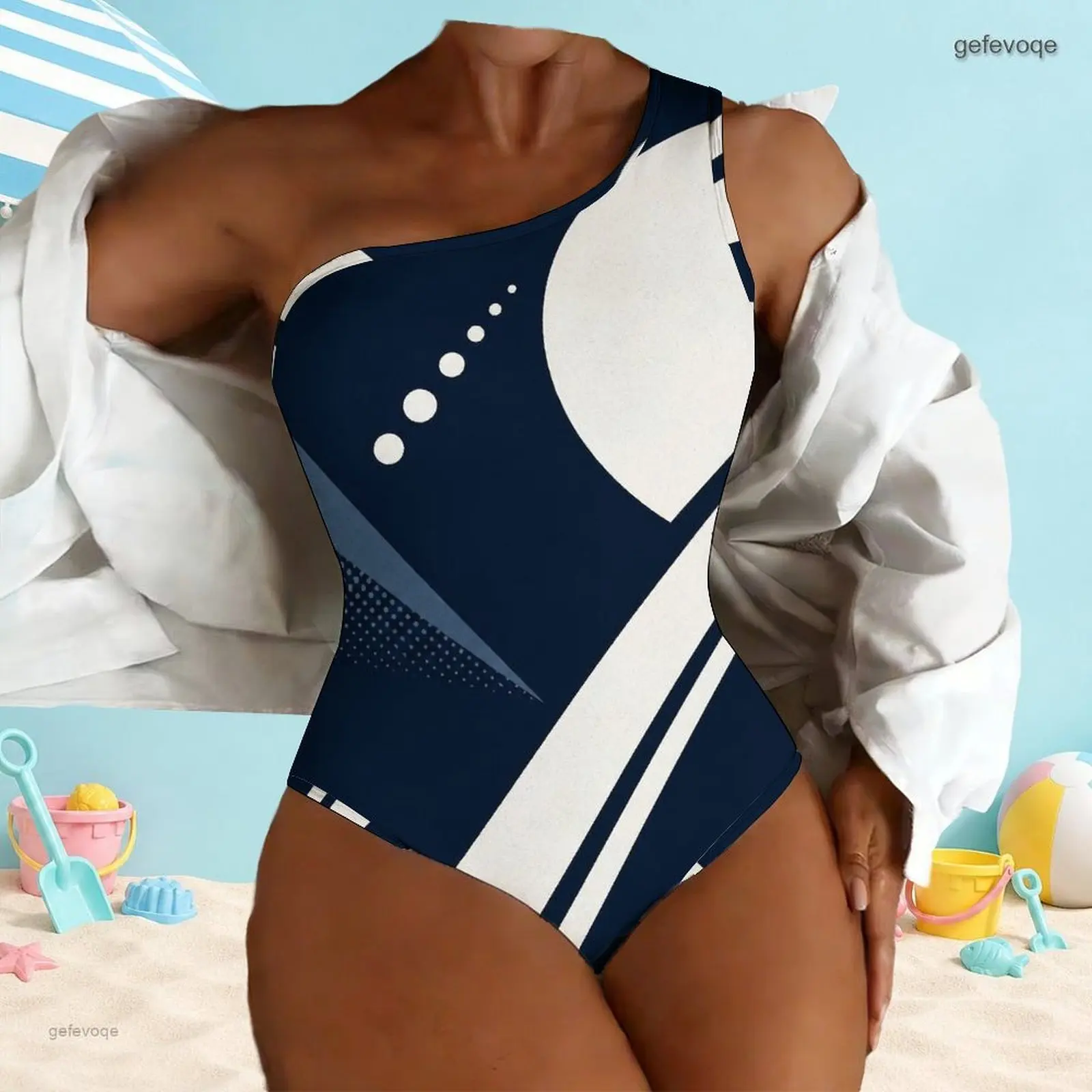 Women Sleeveless One Shoulder Geometric Printed Navy White One Piece Swimsuit