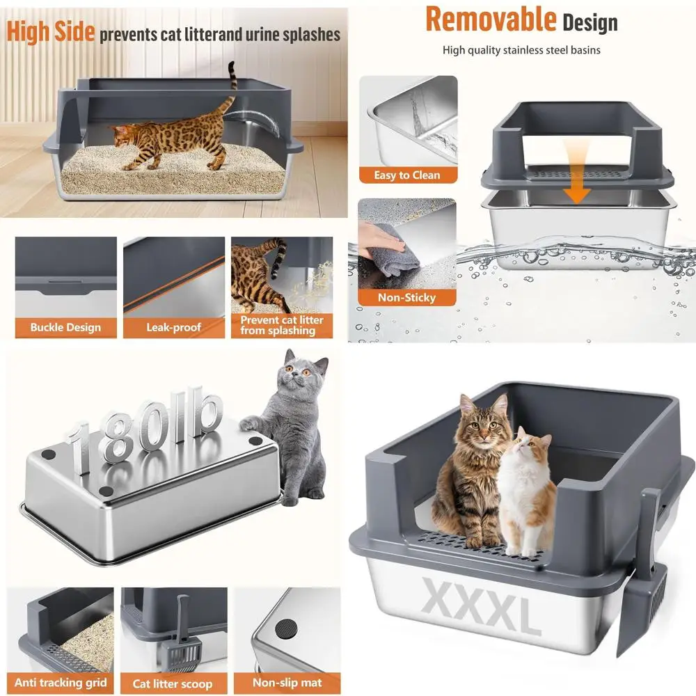 

Jumbo Stainless Steel Litter Box, 27.6x19.7x11.8 High-Sided Cat Litter Box with Scoop, Leak-Proof, Easy to Clean for Large Cats