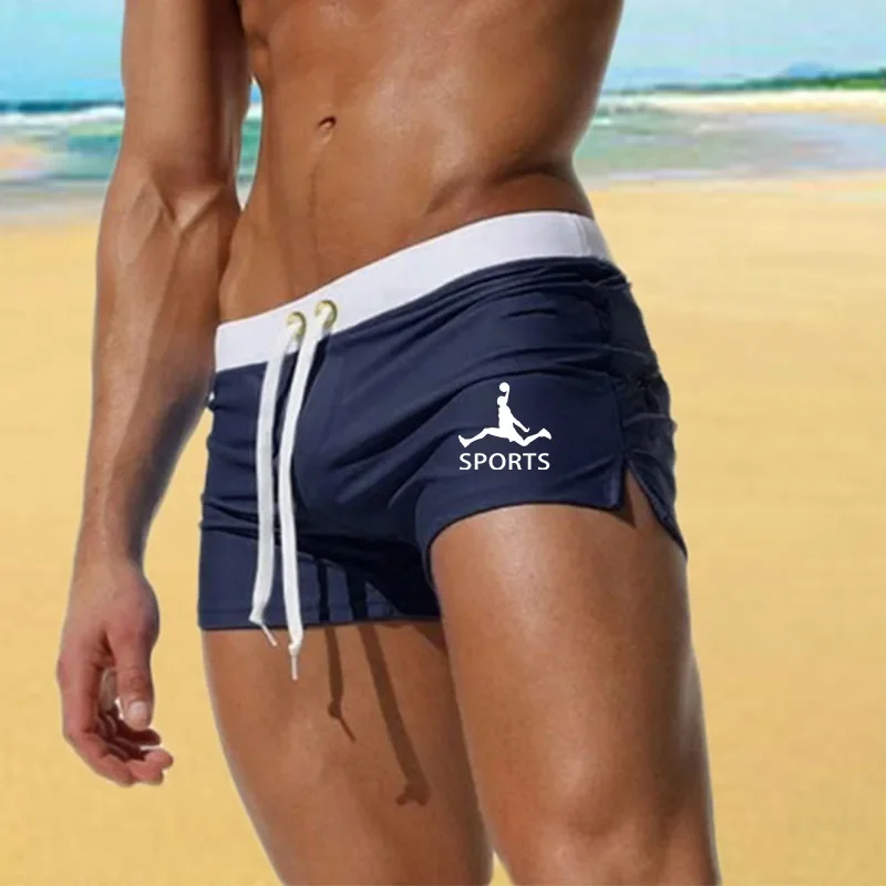 2024 Men\'s Beach Shorts Solid Color Fashionable Back Pocket Design Quick Drying Breathable Running Flat Angle Swim Shorts