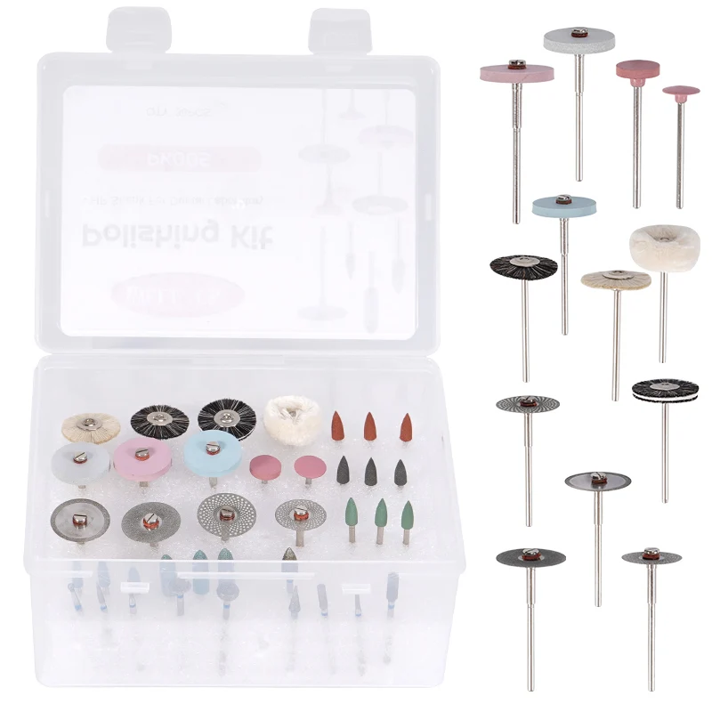 38Pcs/Set Dental Lab Polishing HP Kit 2.35mm Shank Ceramic Porcelain Grinding Dentist Tool Diamond Burs Brush Material