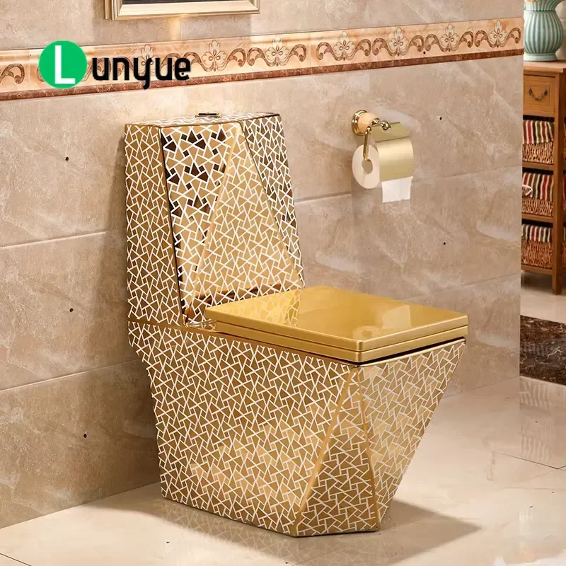 Luxury Glossy Gold Integrated Floor Toilet One Piece Washdown Bathroom Sanitary Ware For Modern Home Hotel Restroom Easy