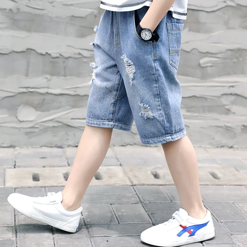 Kids Ripped Shorts for Boys Casual Denim Short Children Summer Beach Jean Shorts Child Solid Pant with Hole 6 8 10 12 14 Years