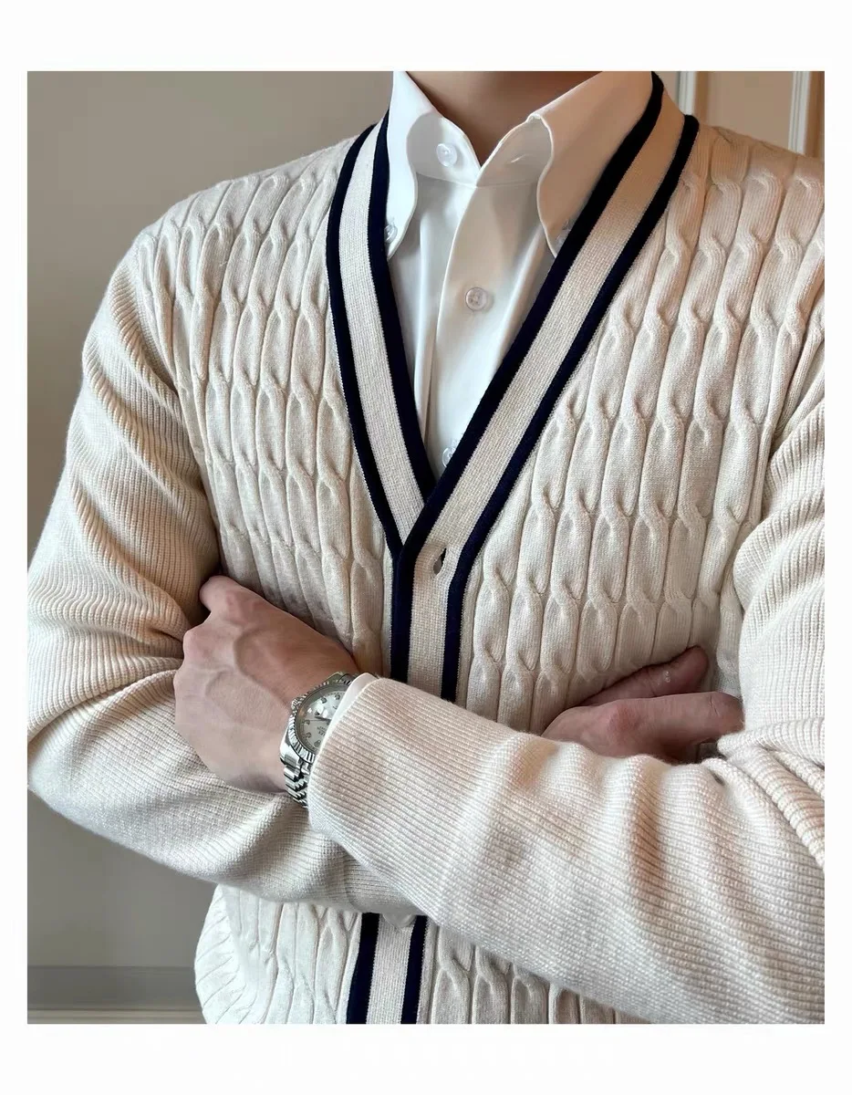 Interleaved pattern bump color matching cashmere sweater small fragrance coat 100% pure cashmere sweater V neck cardigan