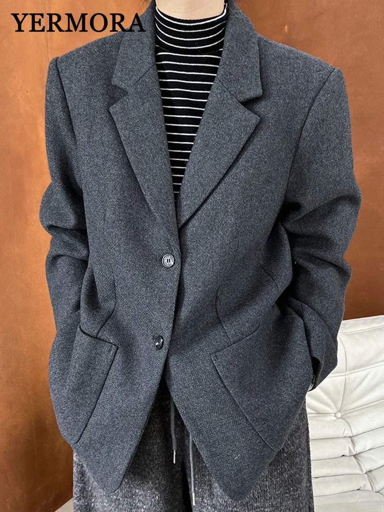 

YERMORA Gray 50% Wool Pocket Brief Casual Blazer For Women Lapel Long Sleeve Loose New Jacket Fashion Tide Autumn Winter 2025