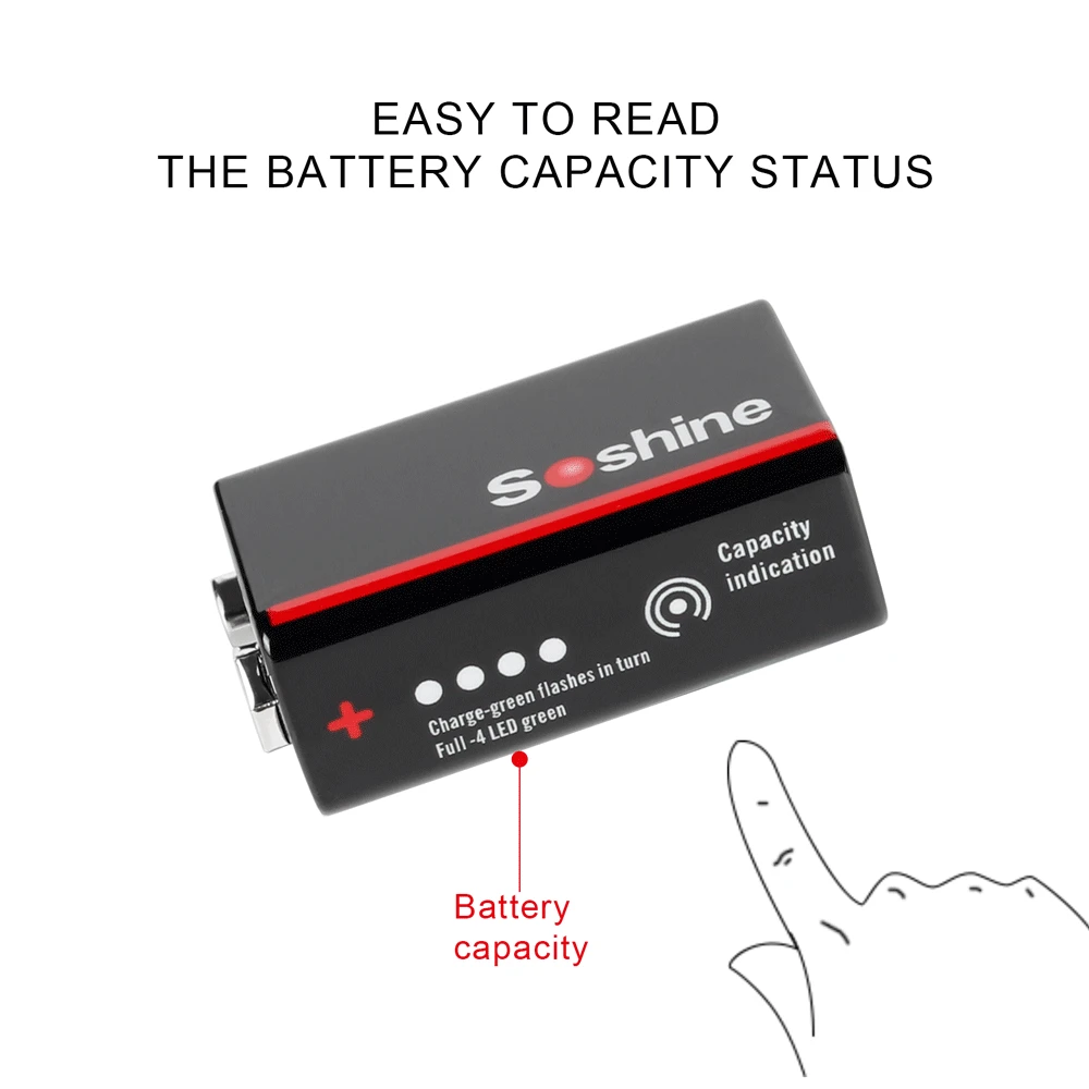 USB 9V Rechargeable Battery Li-ion 6F22 Low Self-discharge Battery with 4 LEDs 500mAh with Type-C Charge Cable