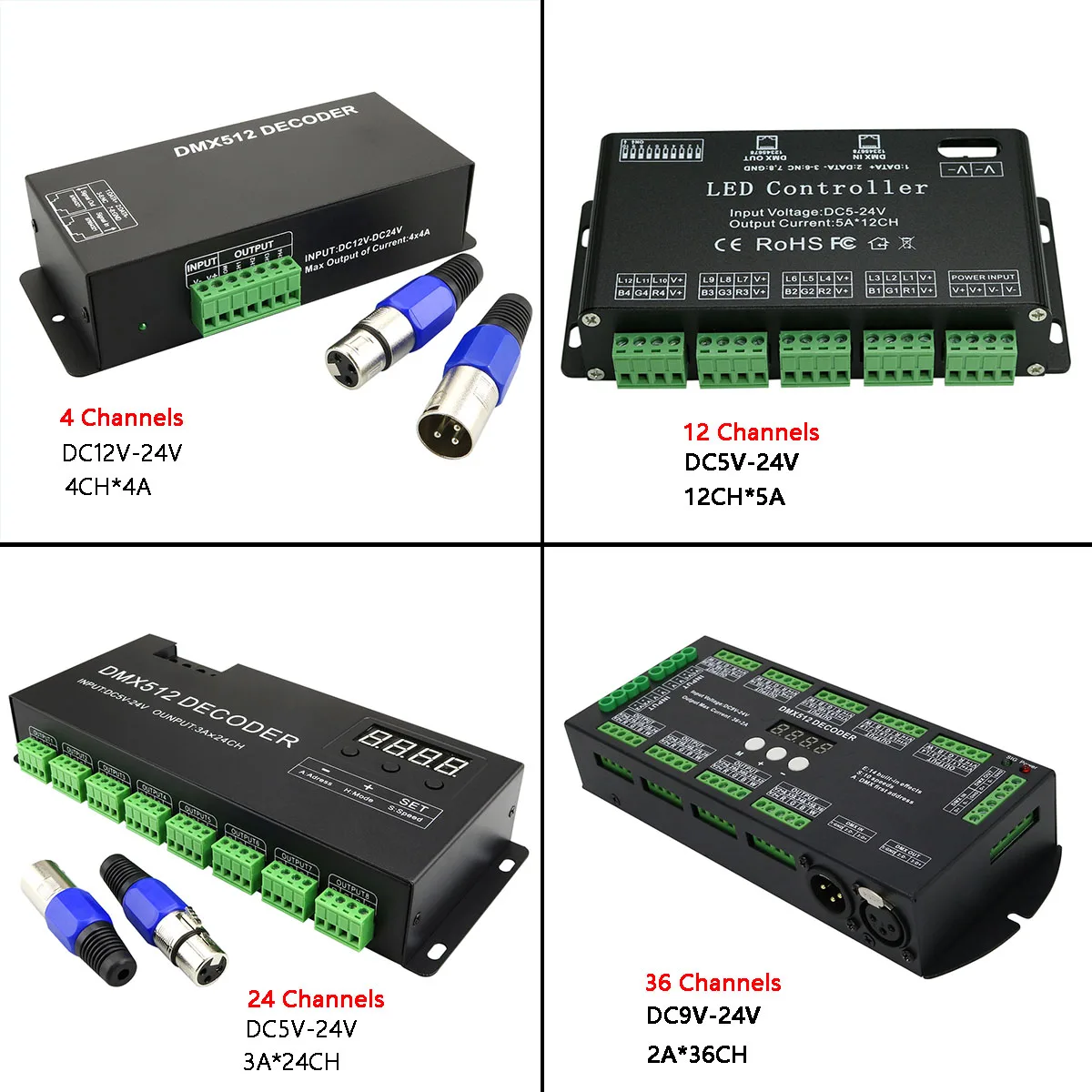 DMX 512 Decoder 4/12/24/36CH , DC5V～DC24V,2A 3A 4A 5A Led Controller dmx decoder Dimmer Driver for RGB RGBW Led Strip Lights